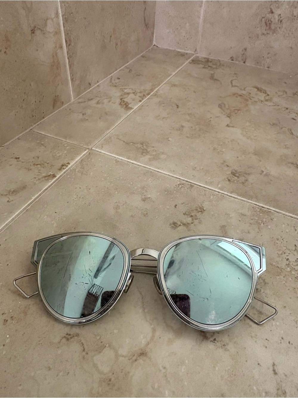 Women’s Silver Metal Dior Frame Sunglasses with Light Blue Mirrored Lenses
